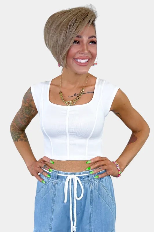 White Ribbed Short Sleeve Crop Top sold by ZZs