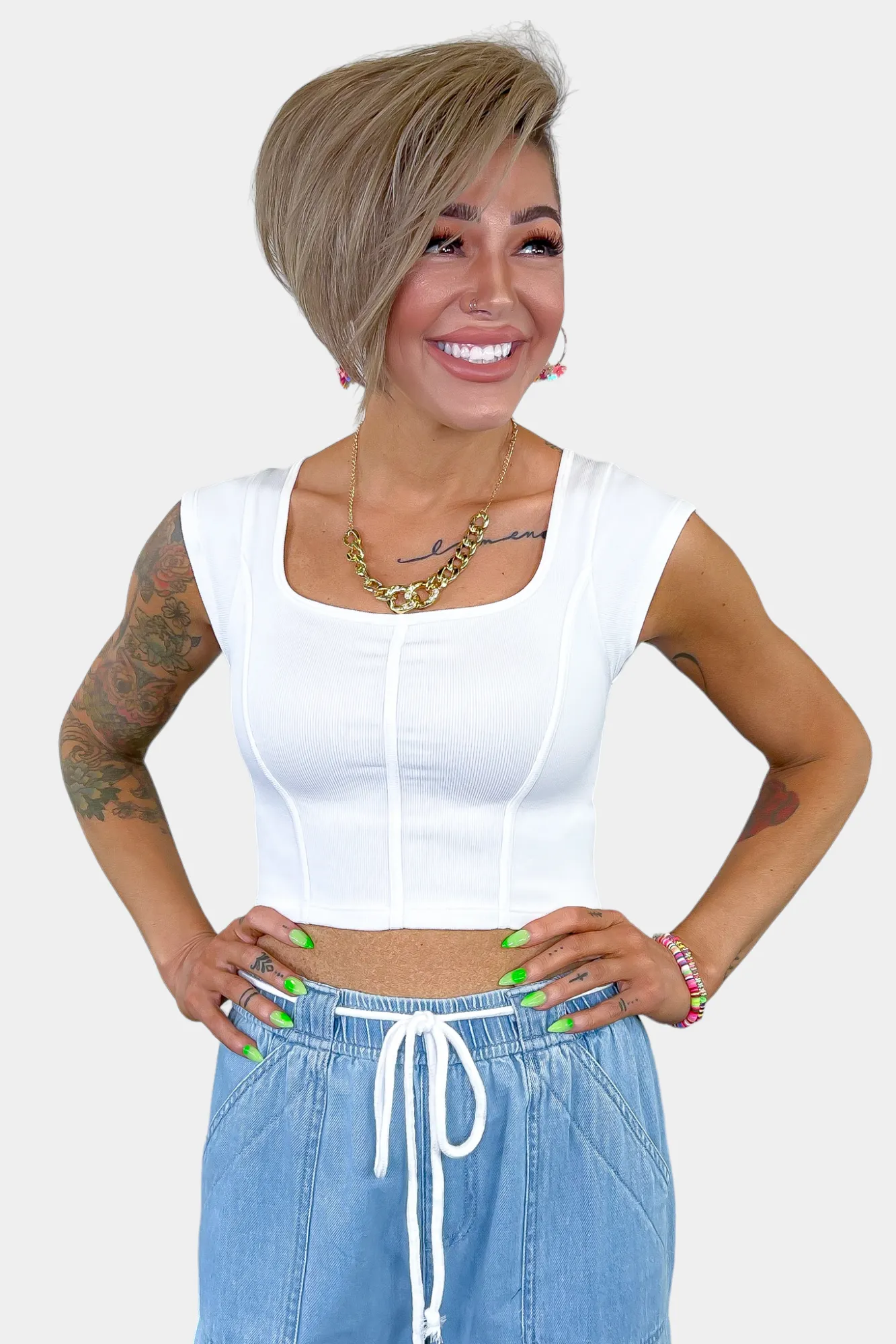 White Ribbed Short Sleeve Crop Top sold by ZZs