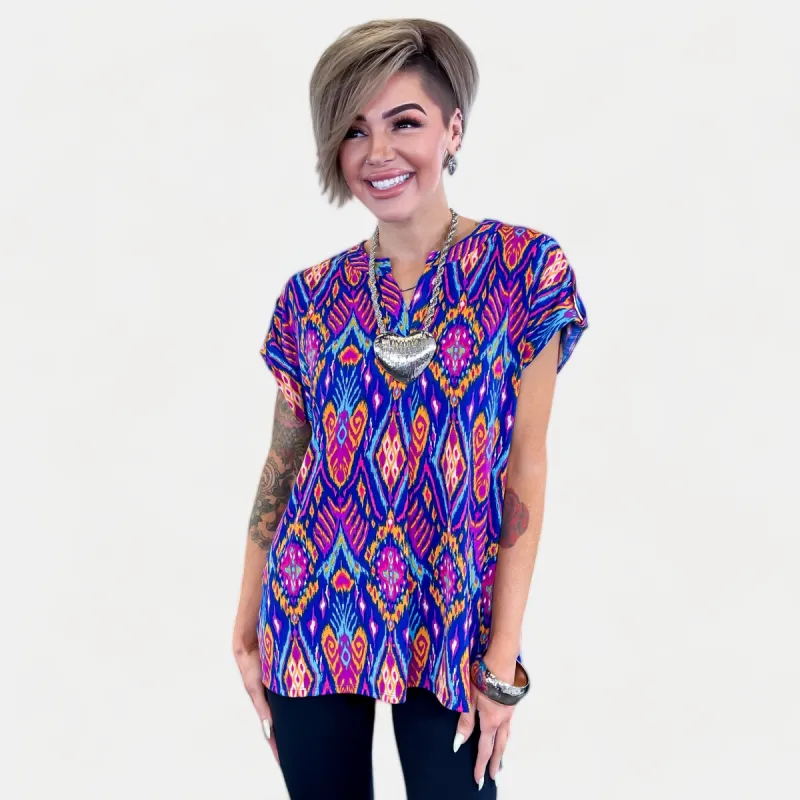 Royal Multi Lizzy Short Sleeve Top sold by ZZs