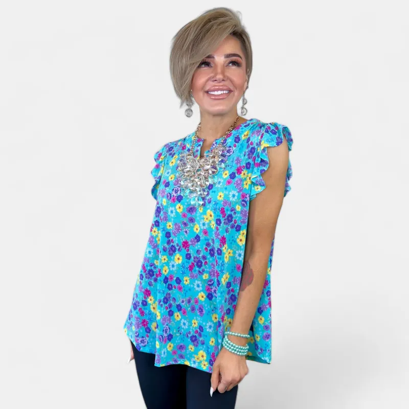 Teal Floral Lizzy Flutter Sleeve Top sold by ZZs