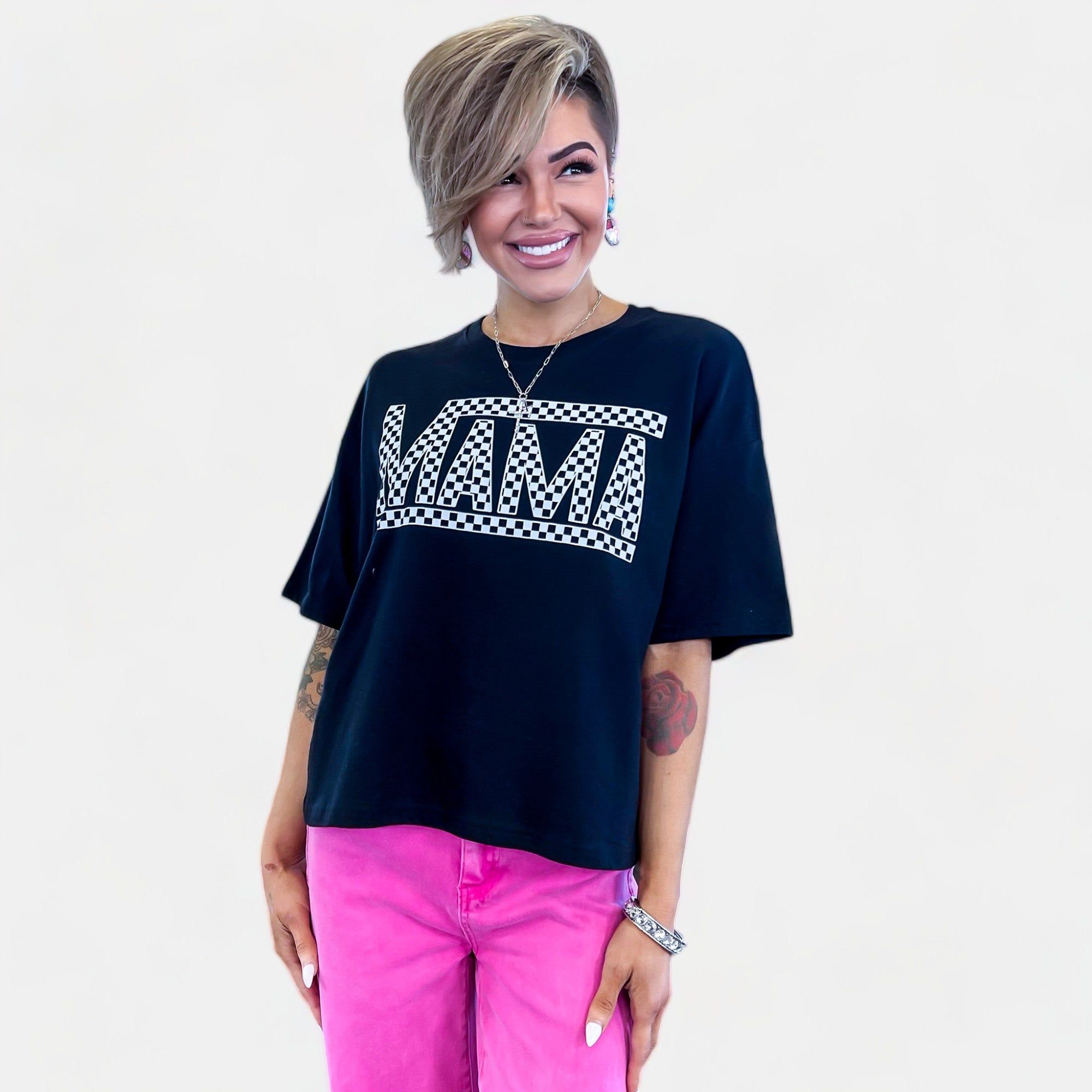 Black Checkered Mama Graphic T-Shirt sold by ZZs