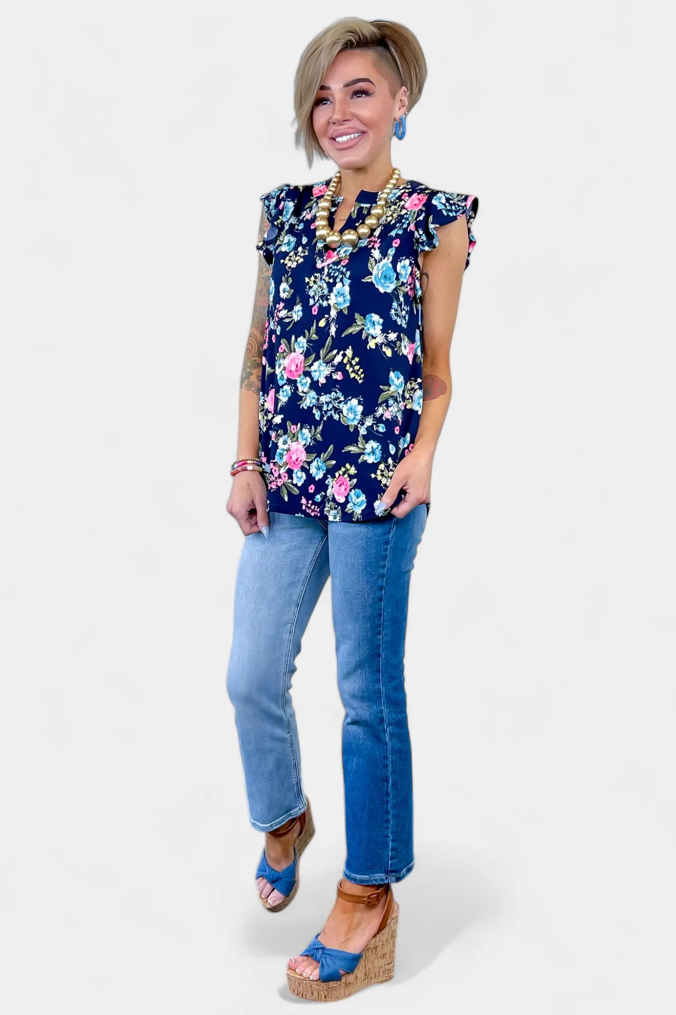 Navy Floral Lizzy Flutter Sleeve Top sold by ZZs product image thumbnail 5