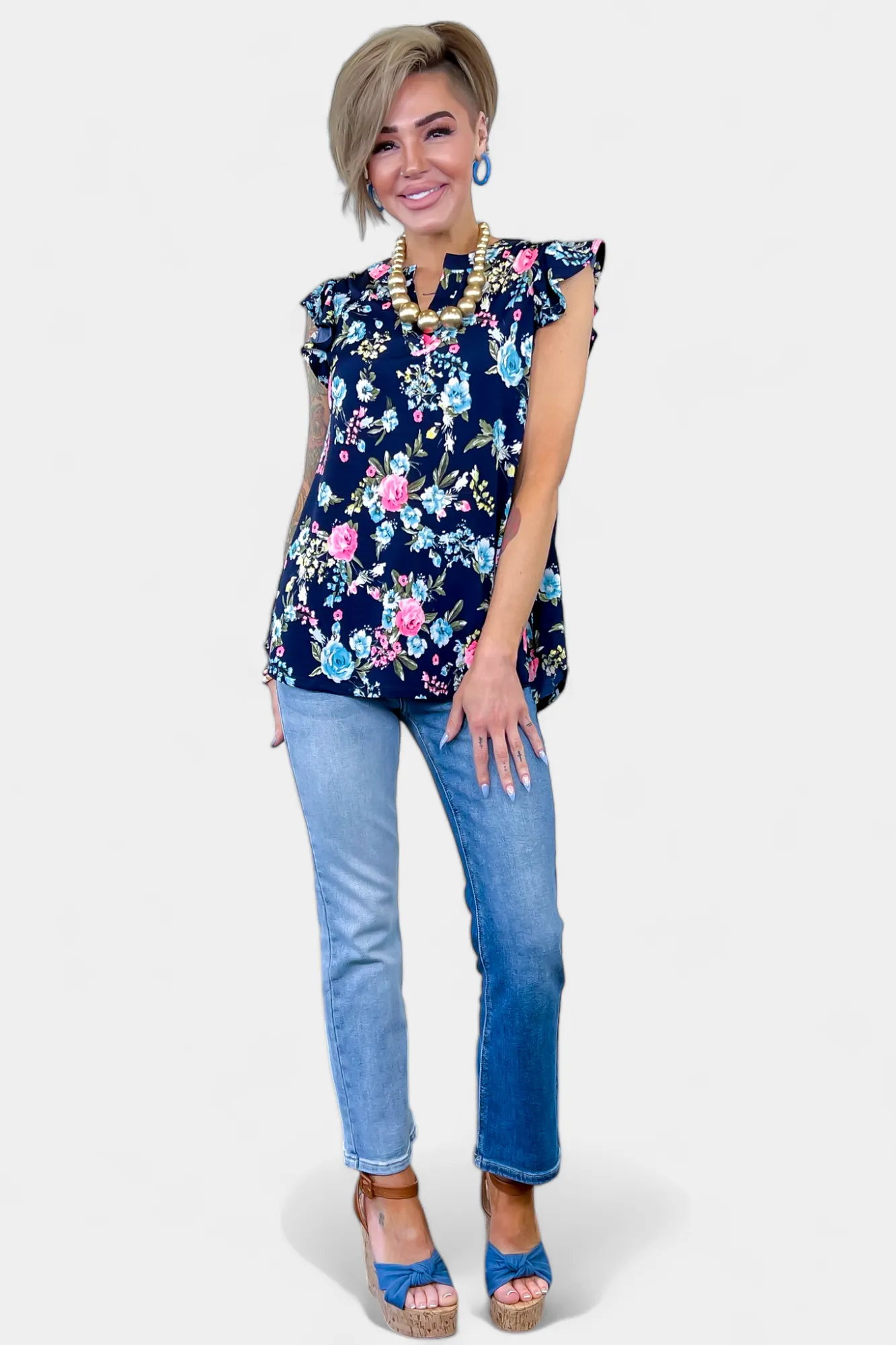 Navy Floral Lizzy Flutter Sleeve Top sold by ZZs product image thumbnail 2