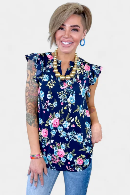 Navy Floral Lizzy Flutter Sleeve Top sold by ZZs