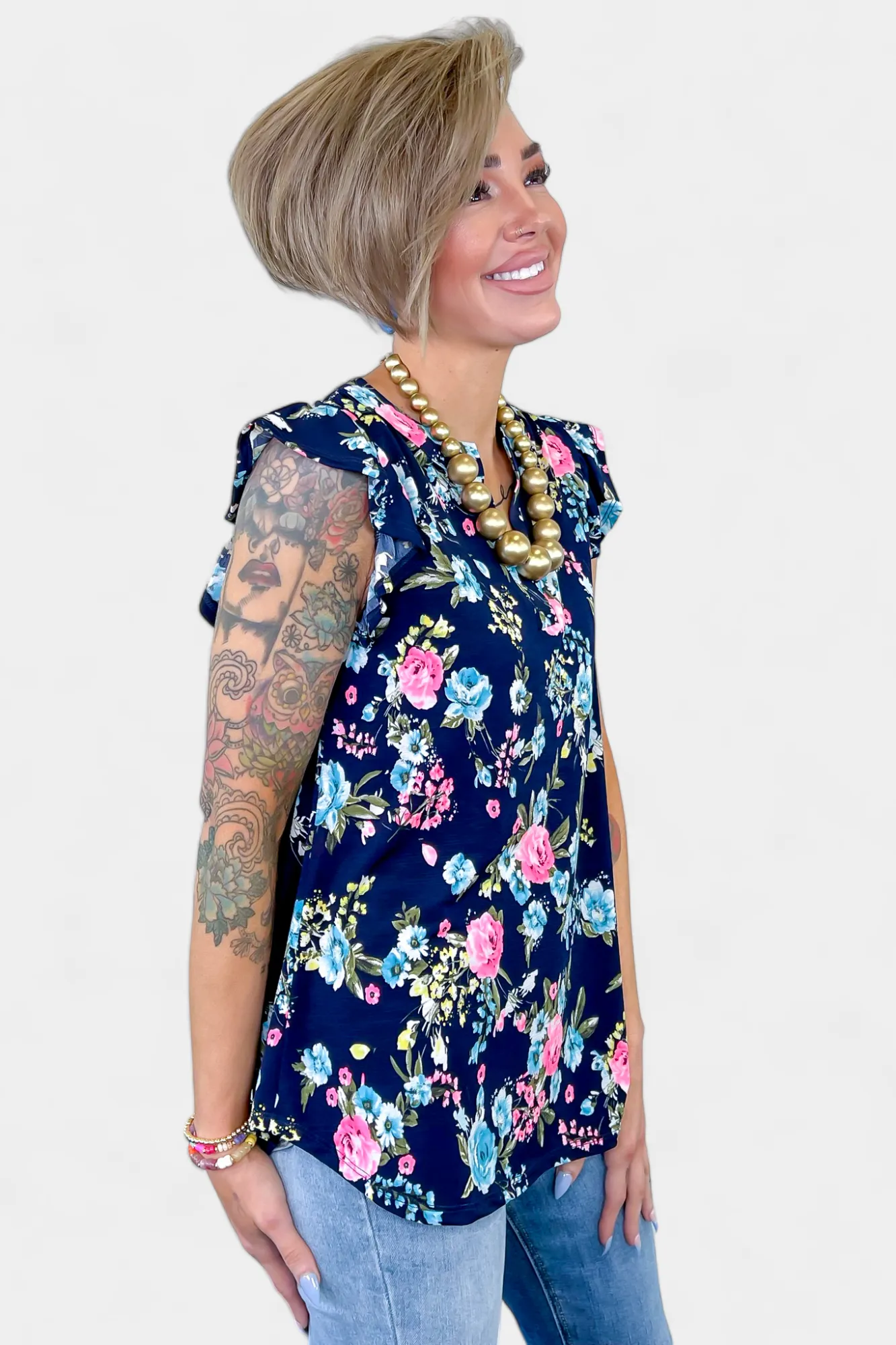 Navy Floral Lizzy Flutter Sleeve Top sold by ZZs product image thumbnail 3