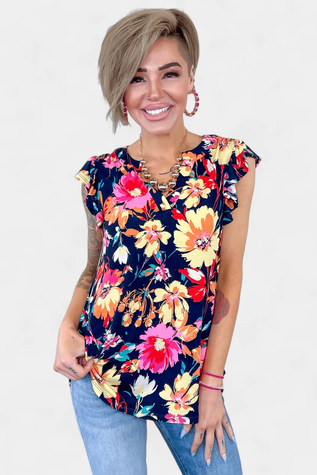 Navy Floral Lizzy Flutter Sleeve Top sold by ZZs product image thumbnail 2