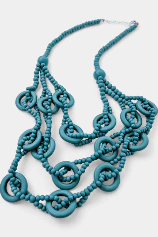 Teal Bead Wooden Layered Long Necklace sold by ZZs