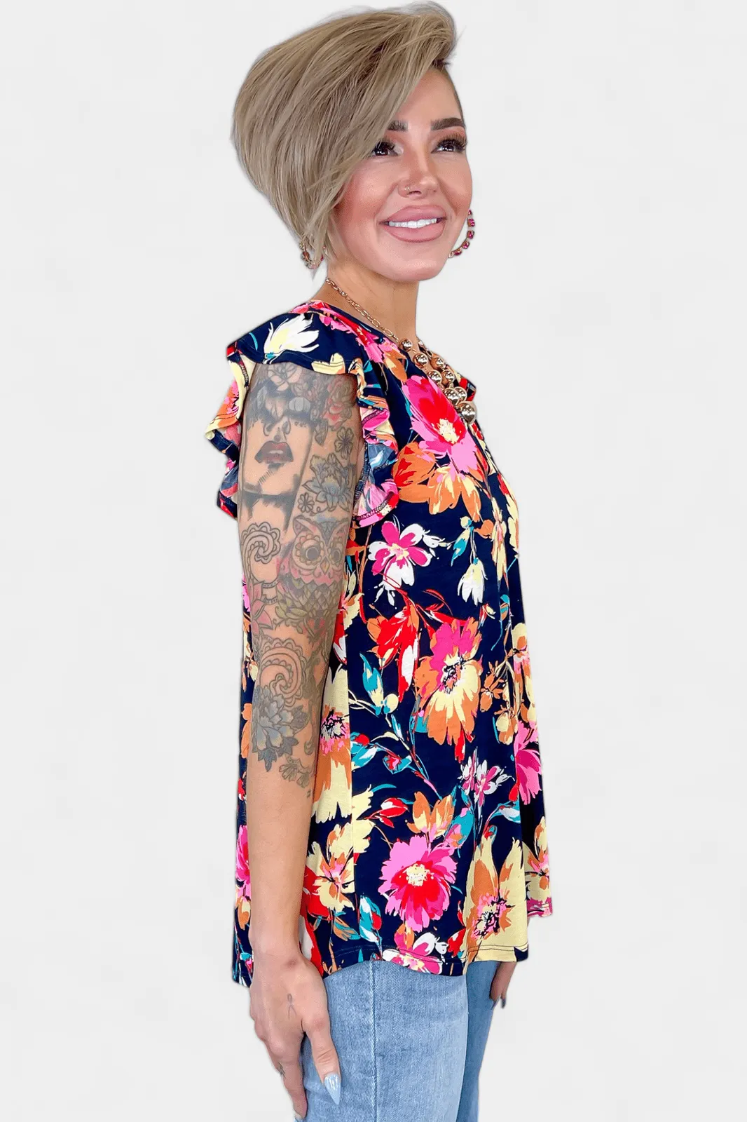 Navy Floral Lizzy Flutter Sleeve Top sold by ZZs product image thumbnail 4