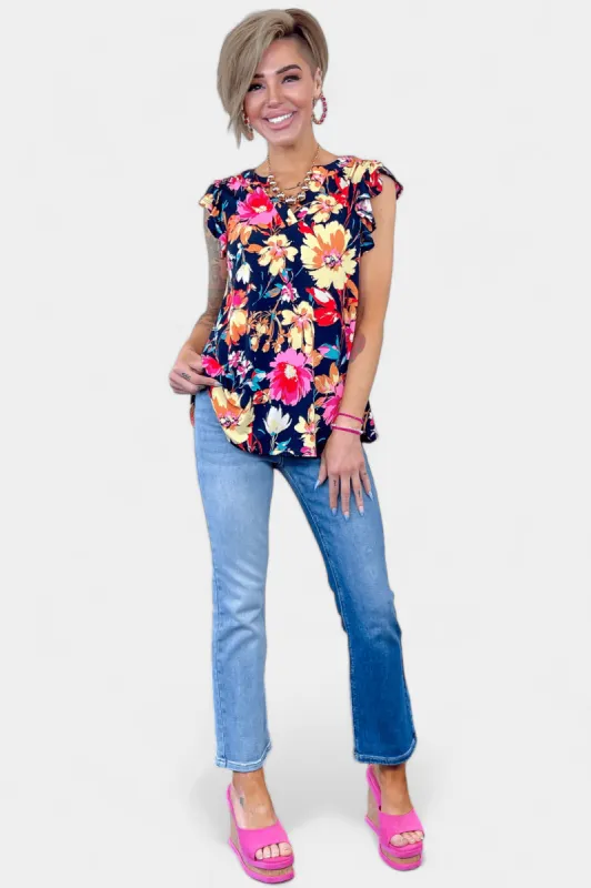 Navy Floral Lizzy Flutter Sleeve Top sold by ZZs