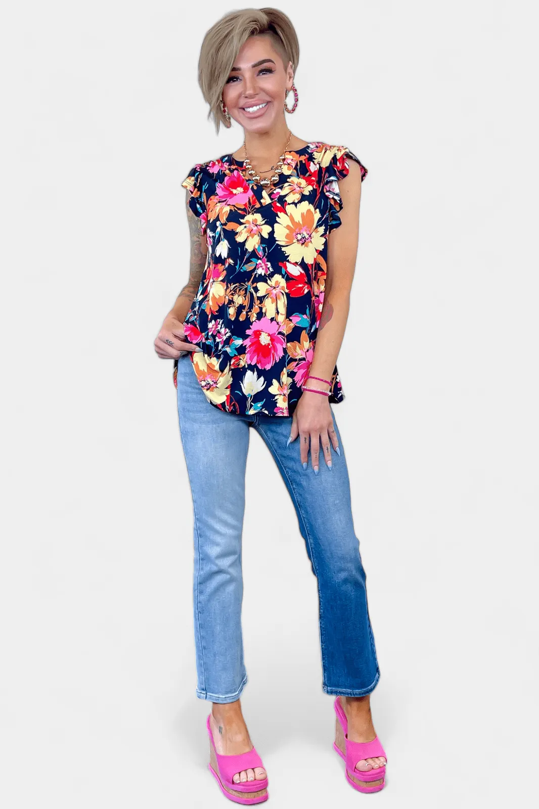 Navy Floral Lizzy Flutter Sleeve Top sold by ZZs