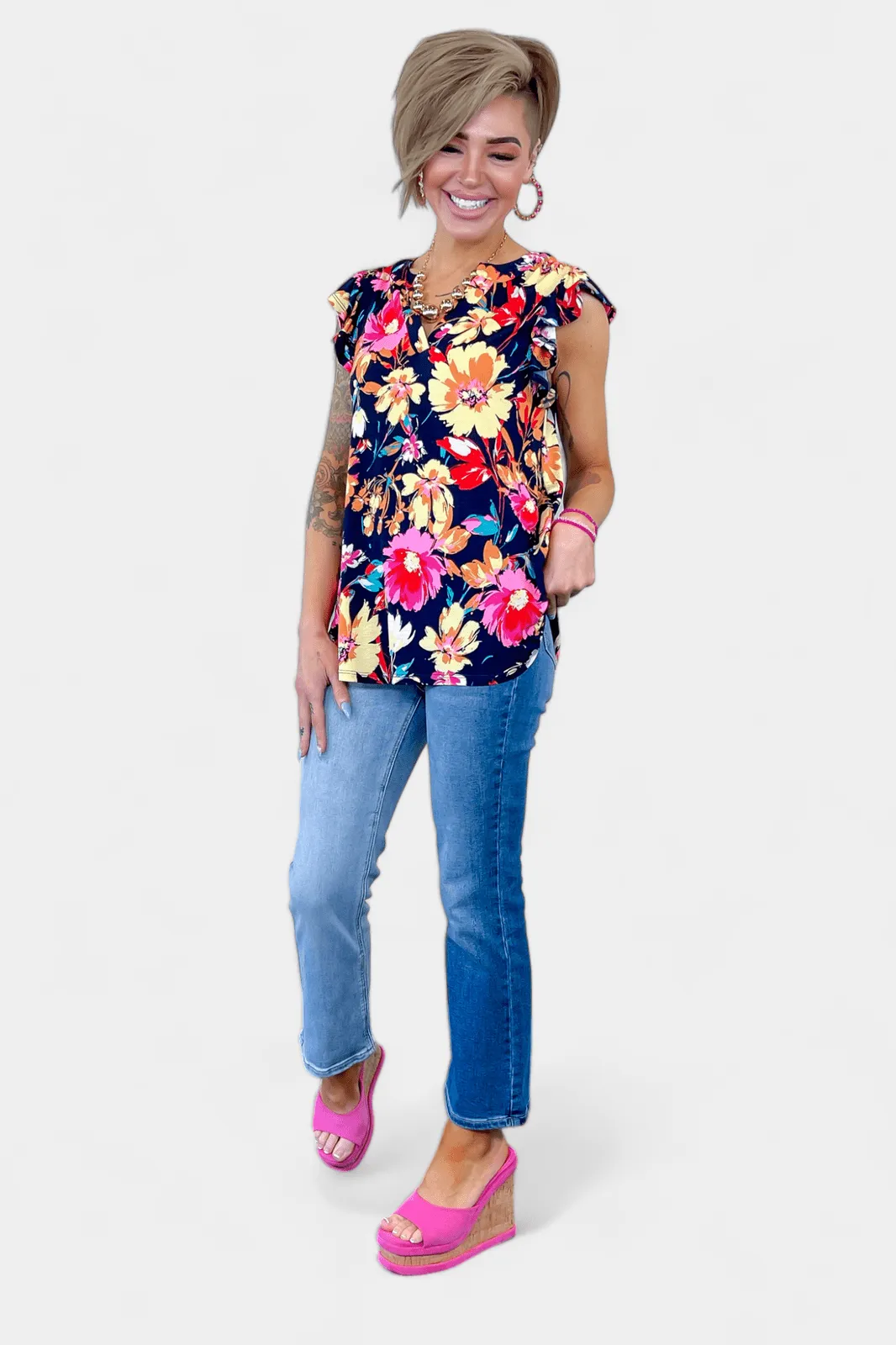 Navy Floral Lizzy Flutter Sleeve Top sold by ZZs product image thumbnail 3