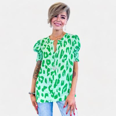 Green Leopard V-Neck Top sold by ZZs