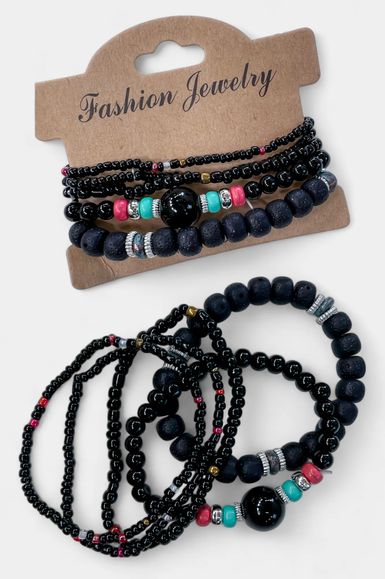 Black Mixed Bead Stretch Bracelet Set sold by ZZs