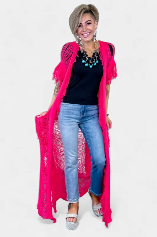 Fuchsia Hollow Fringe Cardigan [NO RETURNS] sold by ZZs