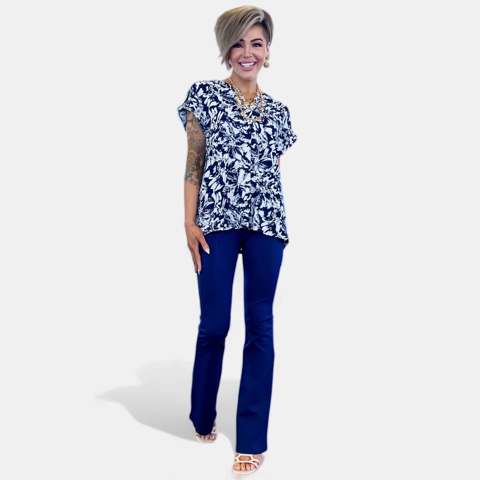 Navy Abstract Floral Lizzy Short Sleeve Top sold by ZZs