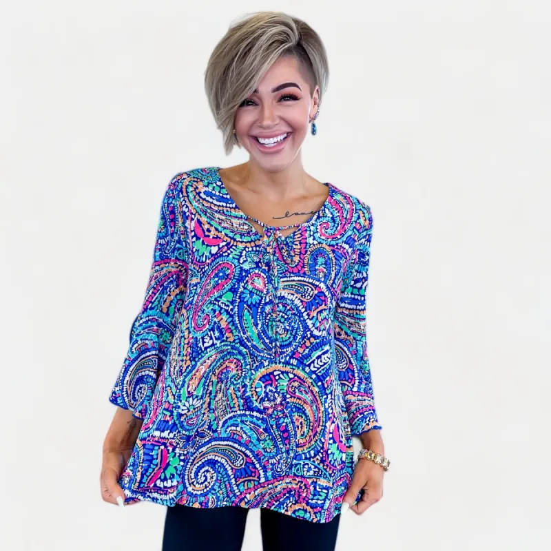 Royal Multi Abstract Paisley Bell Sleeve Top sold by ZZs