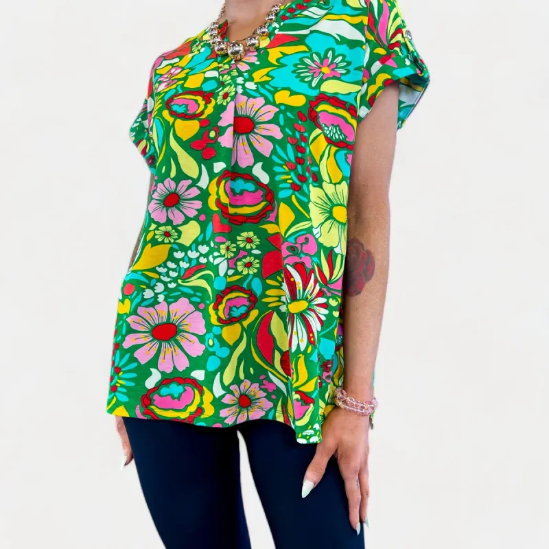 Green Retro Floral Lizzy Short Sleeve Top sold by ZZs