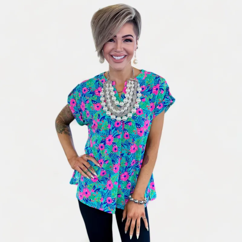Mint Multi Floral Lizzy Short Sleeve Top sold by ZZs