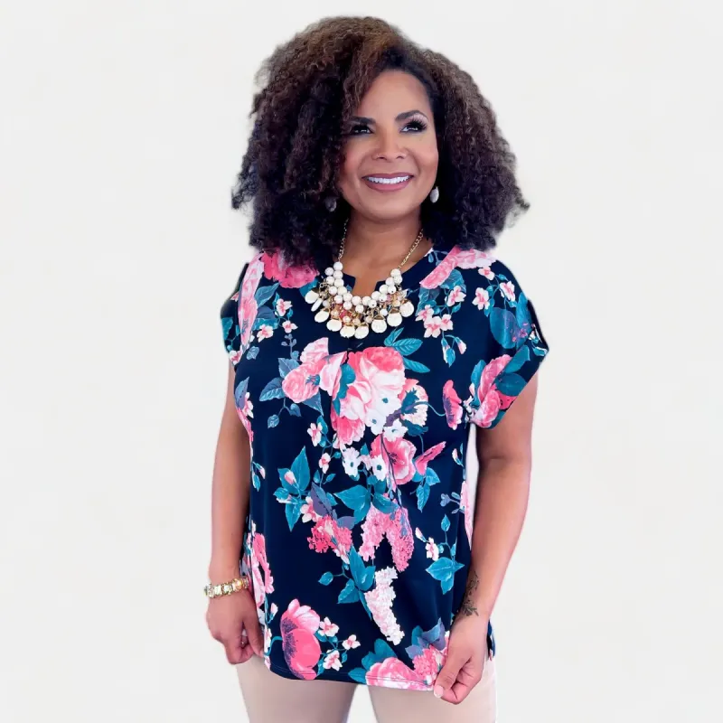 Navy Multi Floral Lizzy Short Sleeve Top sold by ZZs