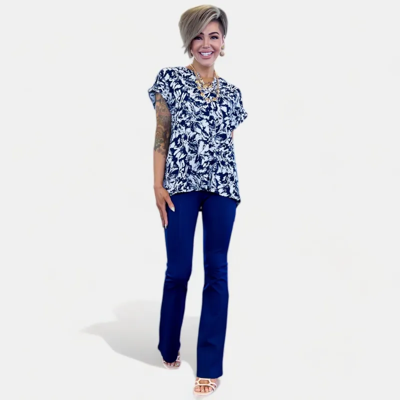 Navy Abstract Floral Lizzy Short Sleeve Top sold by ZZs