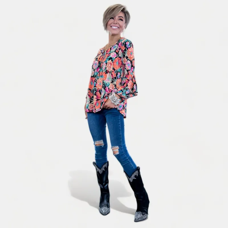 Black Floral Bell Sleeve Top sold by ZZs