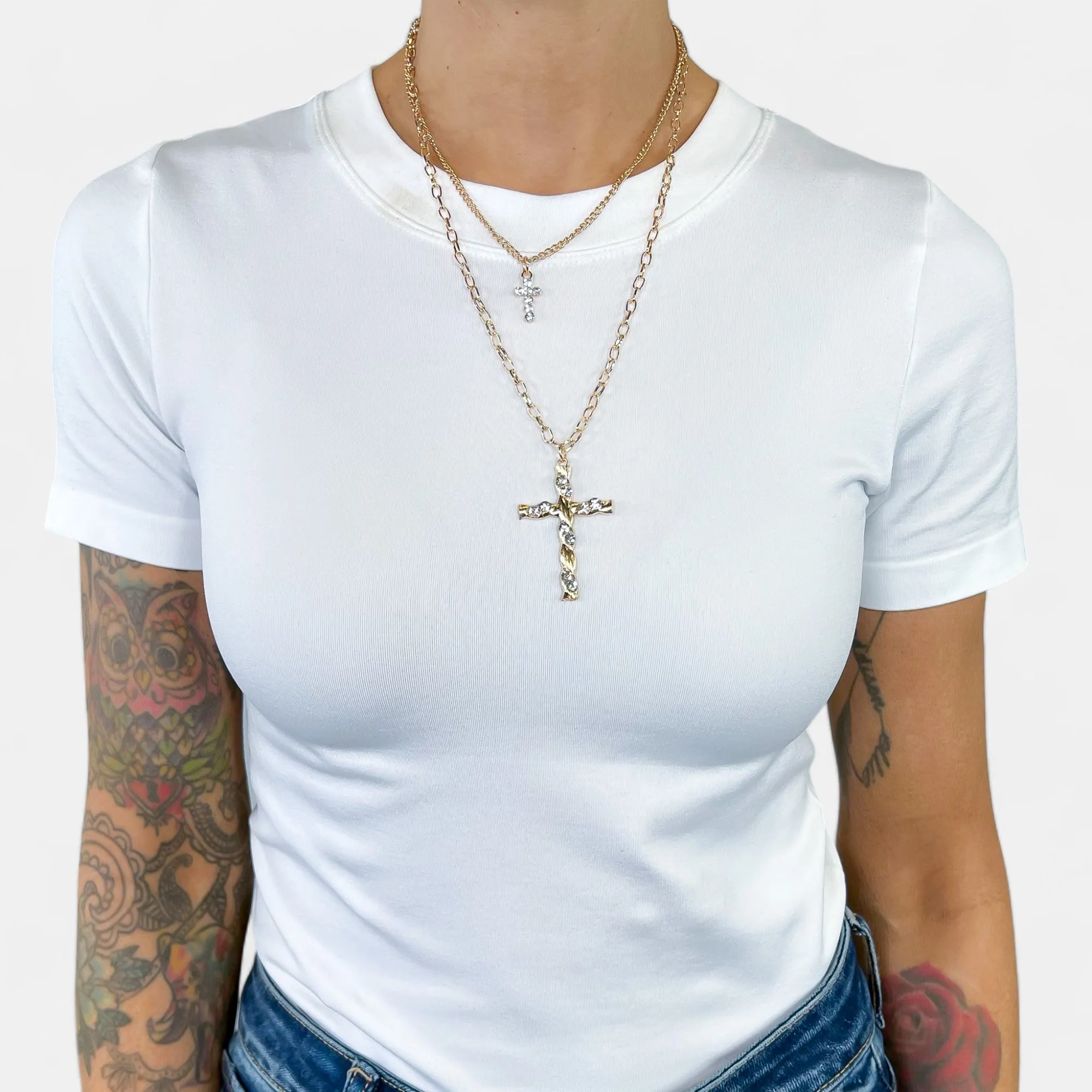 Gold Double Layered Cross Necklace sold by ZZs product image thumbnail 5