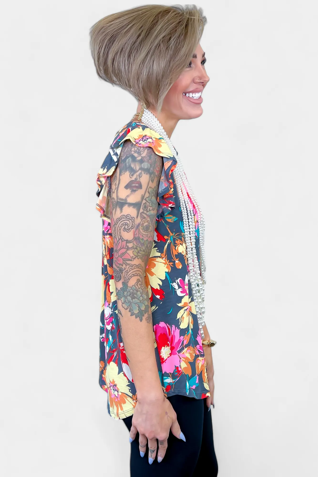 Grey Floral Lizzy Flutter Sleeve Top sold by ZZs product image thumbnail 3