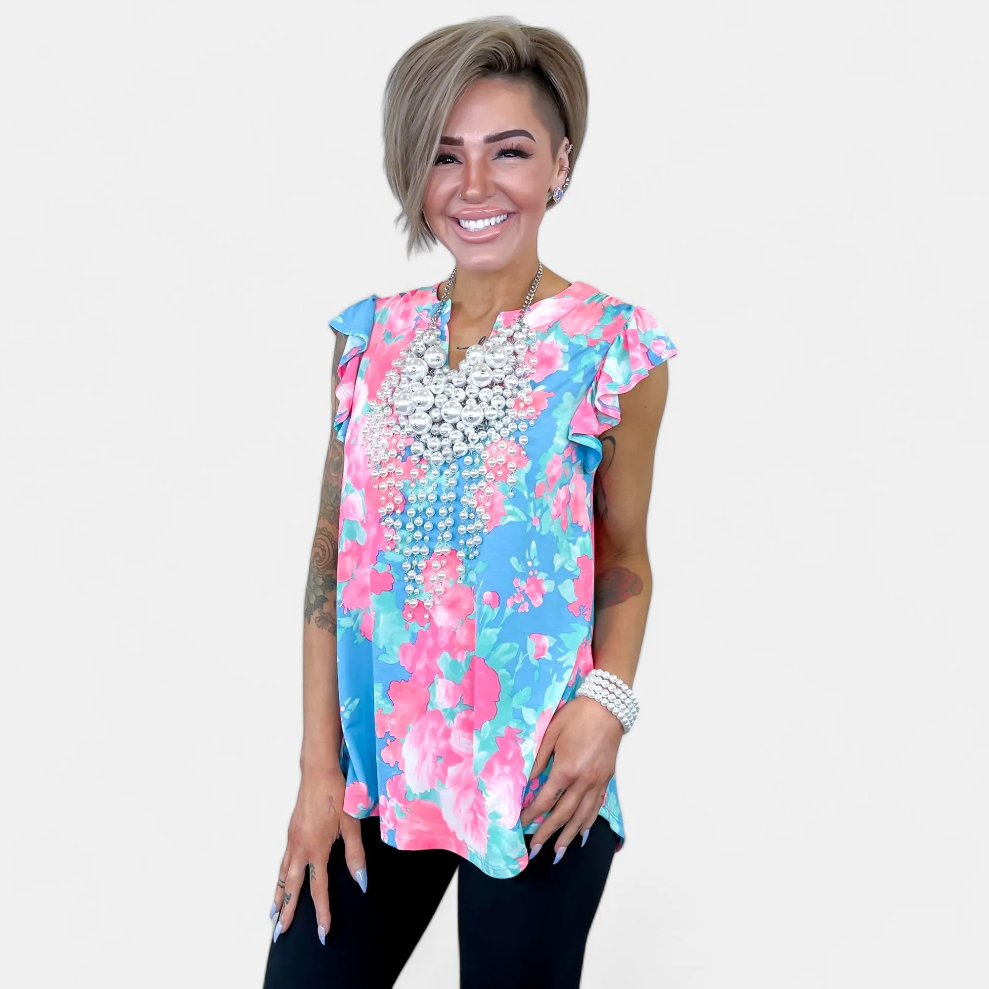 Blue Floral Lizzy Flutter Sleeve Top sold by ZZs
