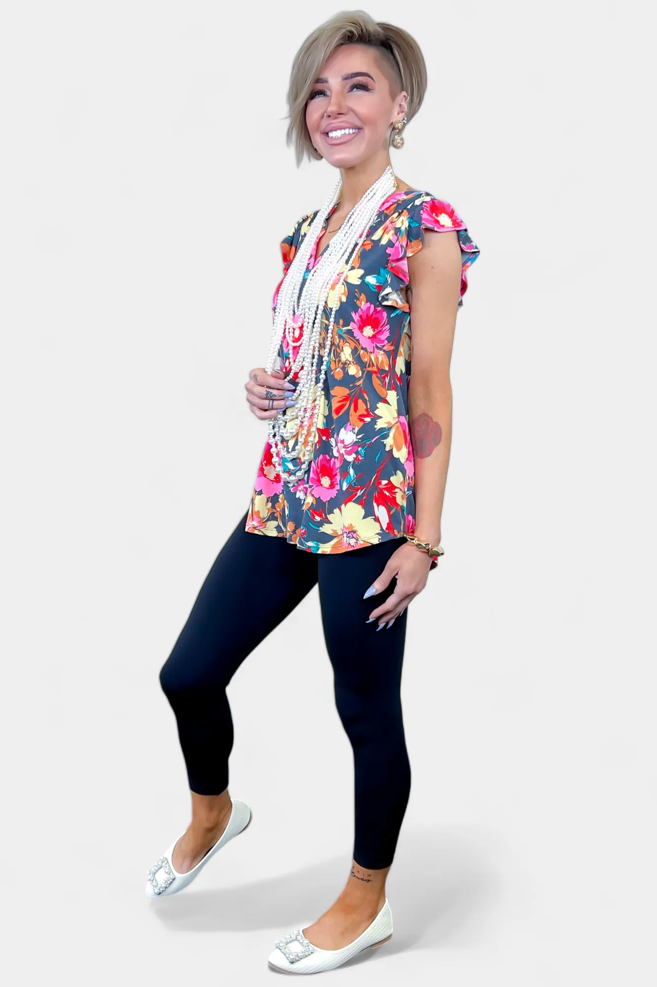 Grey Floral Lizzy Flutter Sleeve Top sold by ZZs product image thumbnail 4