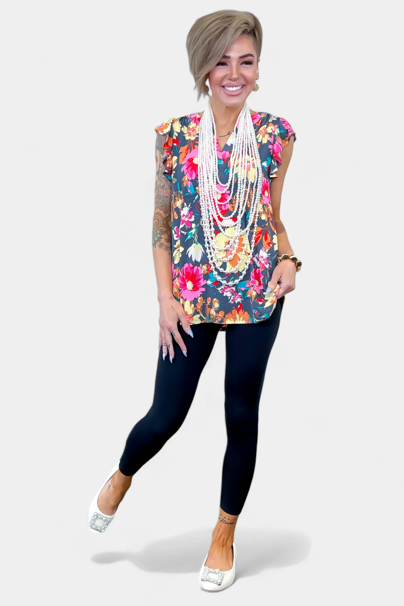 Grey Floral Lizzy Flutter Sleeve Top sold by ZZs