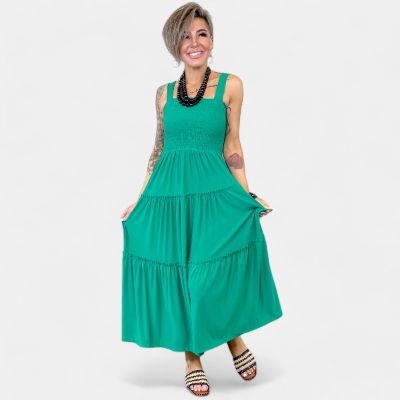 Green Smocked Tiered Midi Dress sold by ZZs