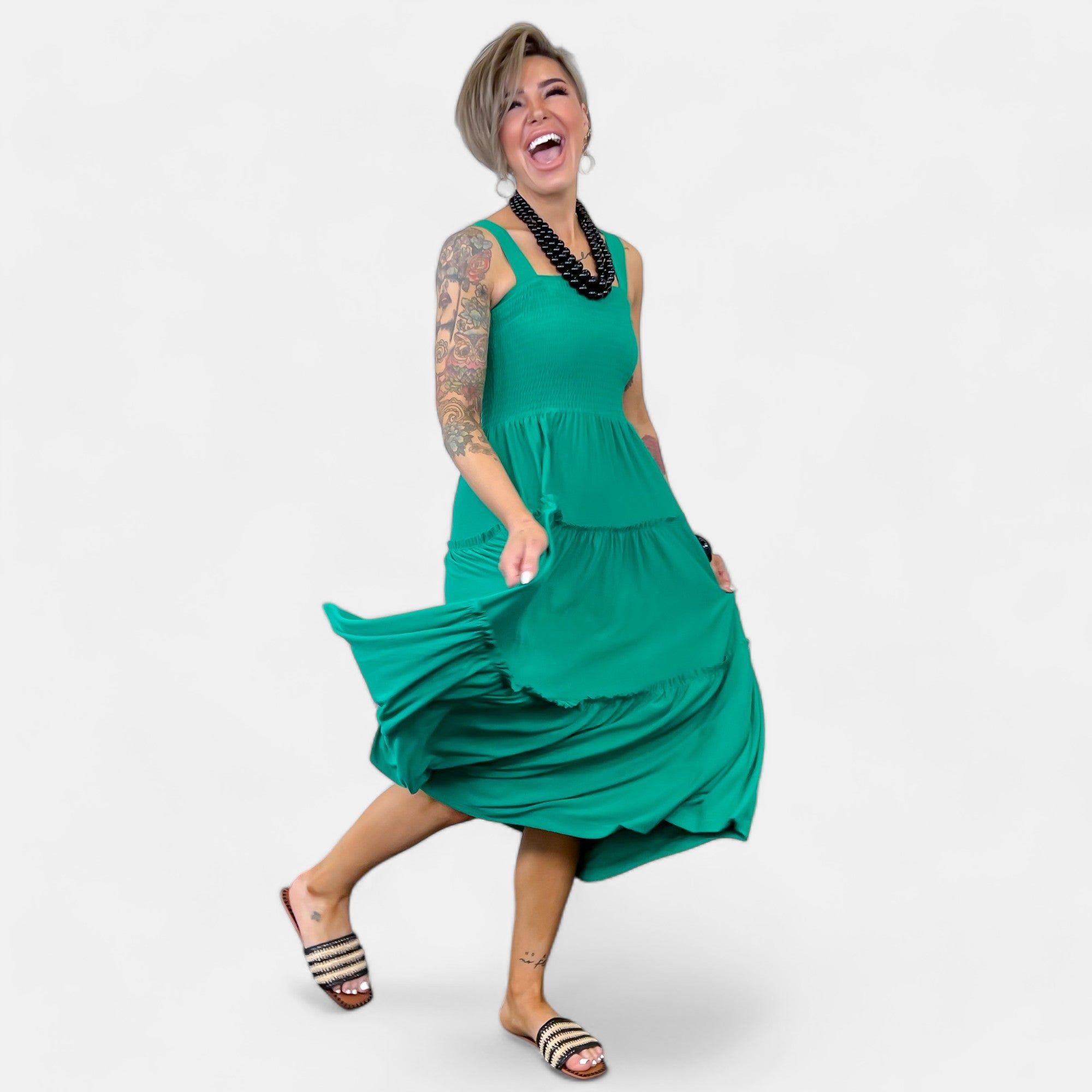 Green Smocked Tiered Midi Dress sold by ZZs product image thumbnail 3