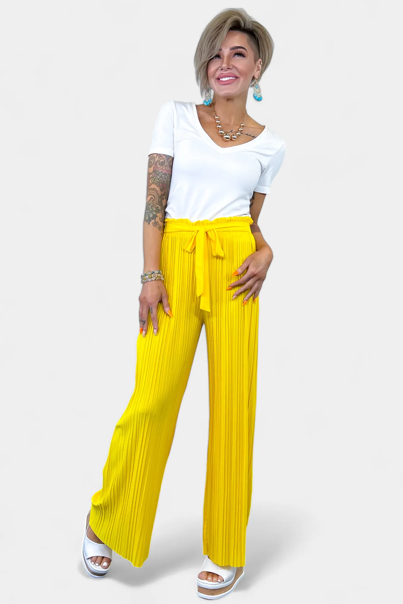 Yellow Pleated Wide Leg Pants sold by ZZs product image thumbnail 5