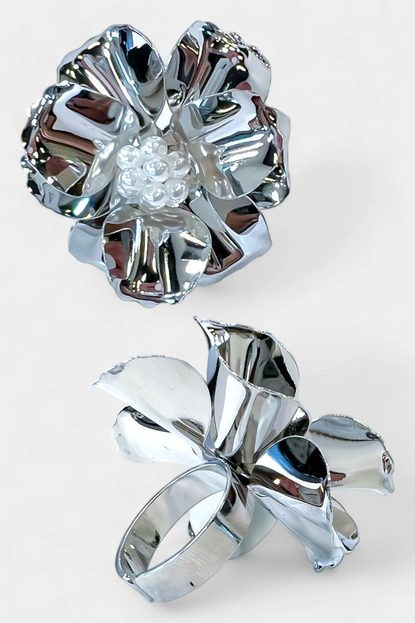 Silver & Pearl Flower Adjustable Ring sold by ZZs