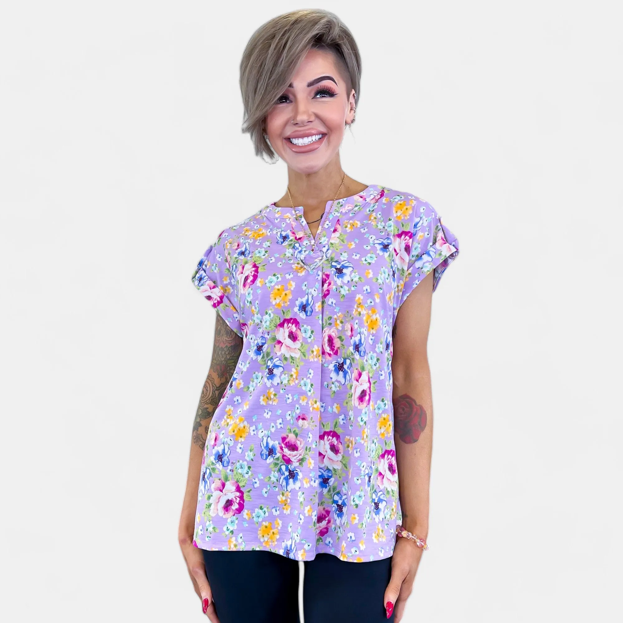 Lavender Floral Lizzy Short Sleeve Top sold by ZZs