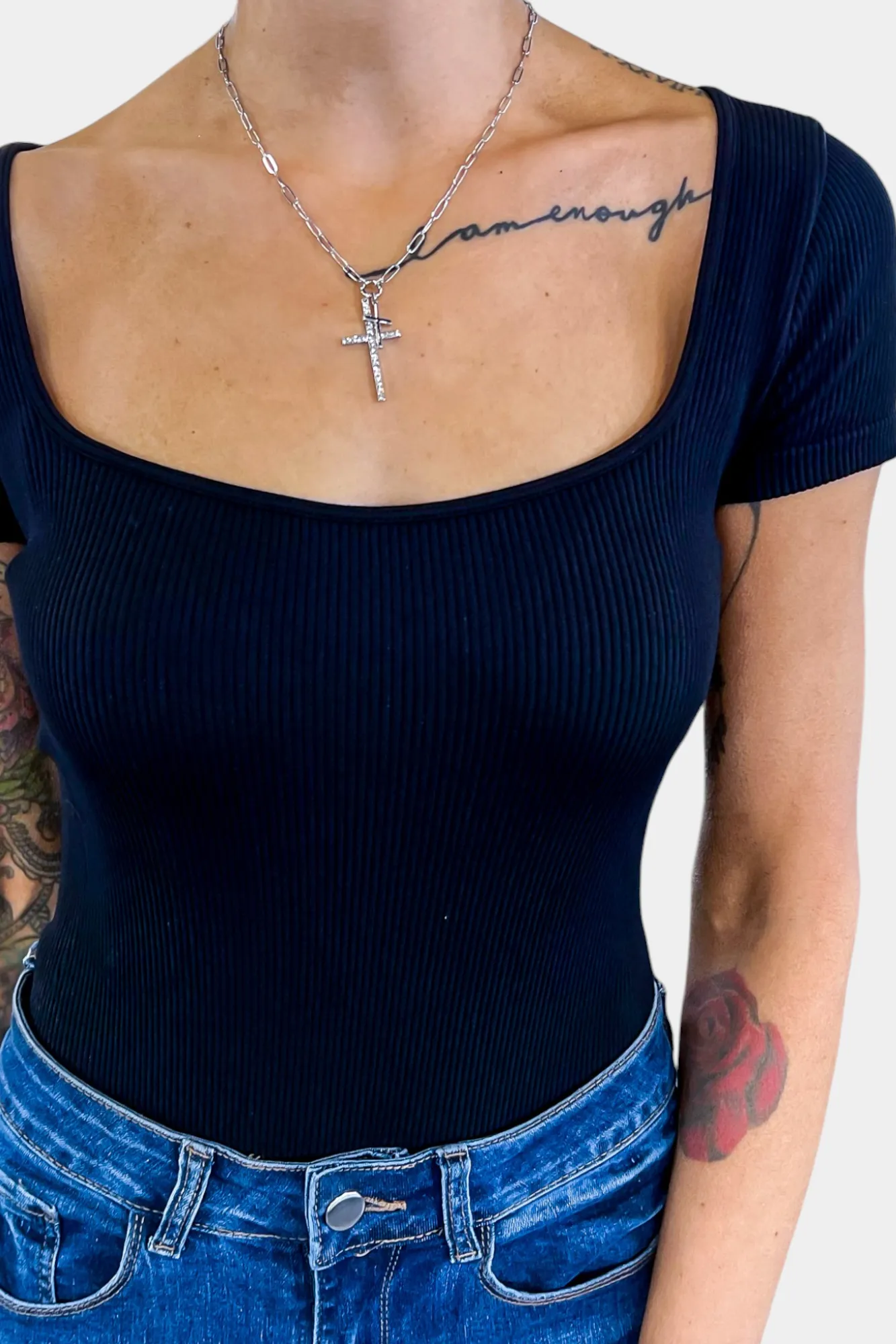 Black Ribbed Square Neck Bodysuit sold by ZZs product image thumbnail 3