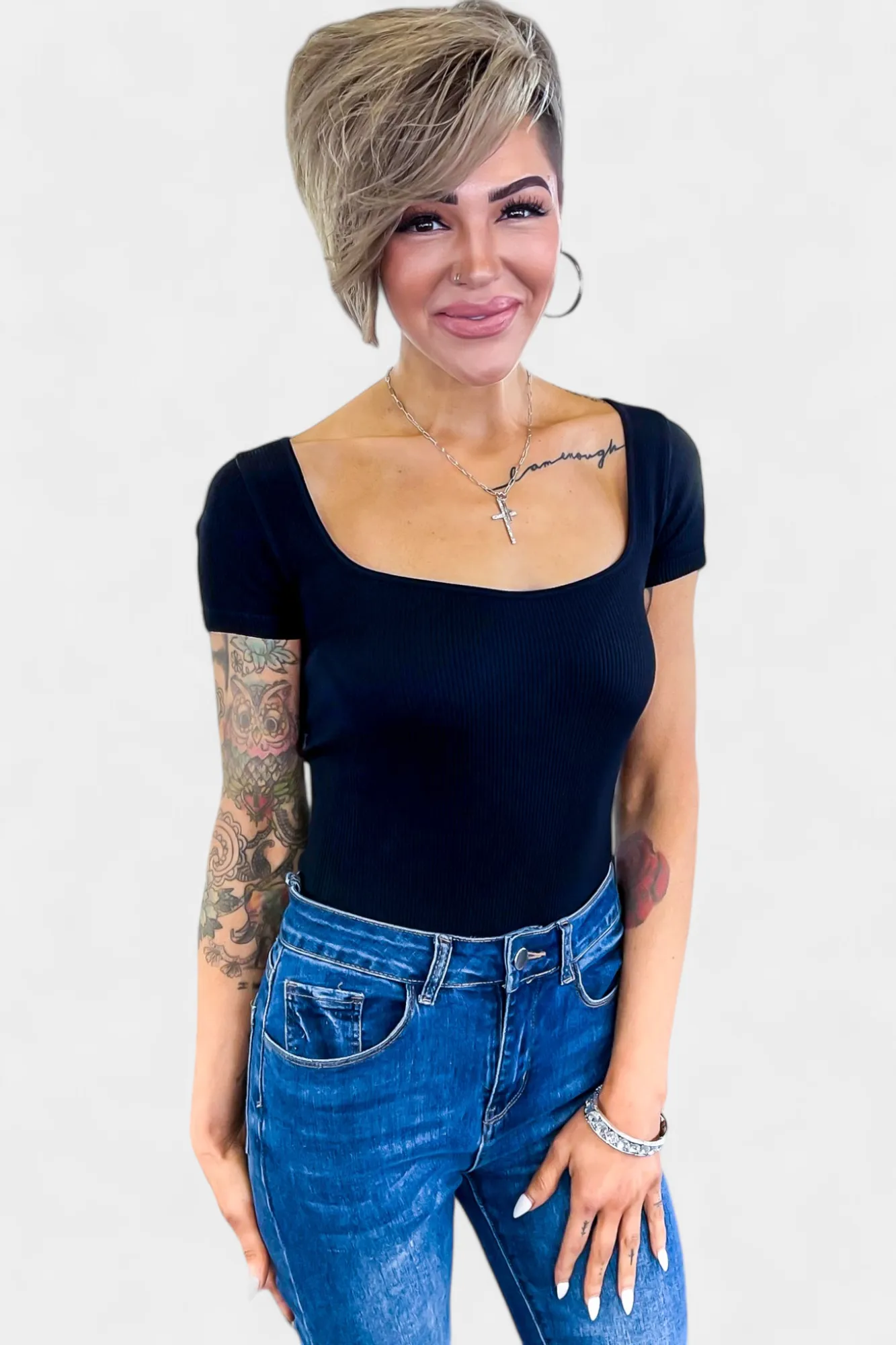 Black Ribbed Square Neck Bodysuit sold by ZZs product image thumbnail 4