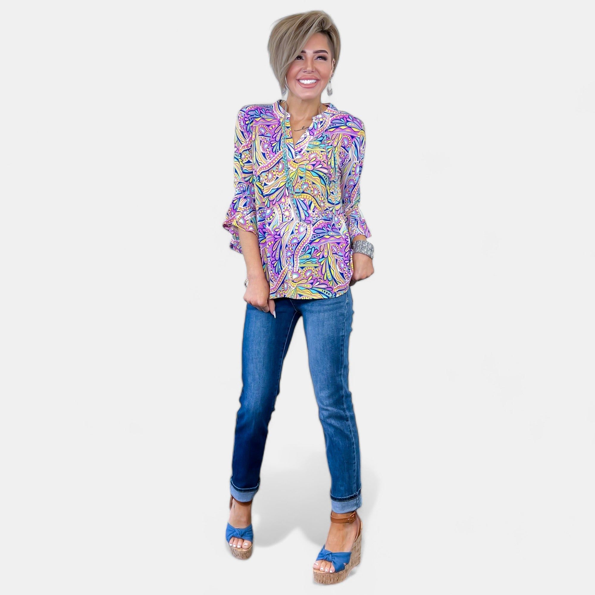 Lavender Paisley Abstract Faith Bell Sleeve Top sold by ZZs