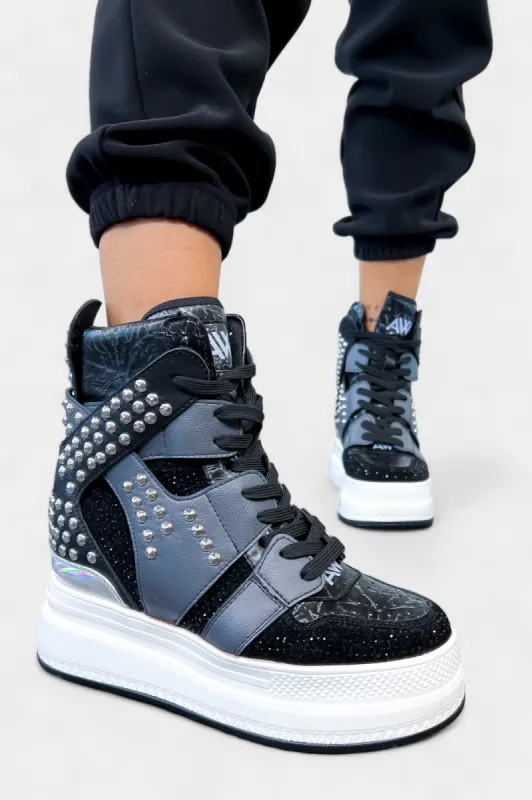 Black Rhinestone Studded Platform Sneakers sold by ZZs