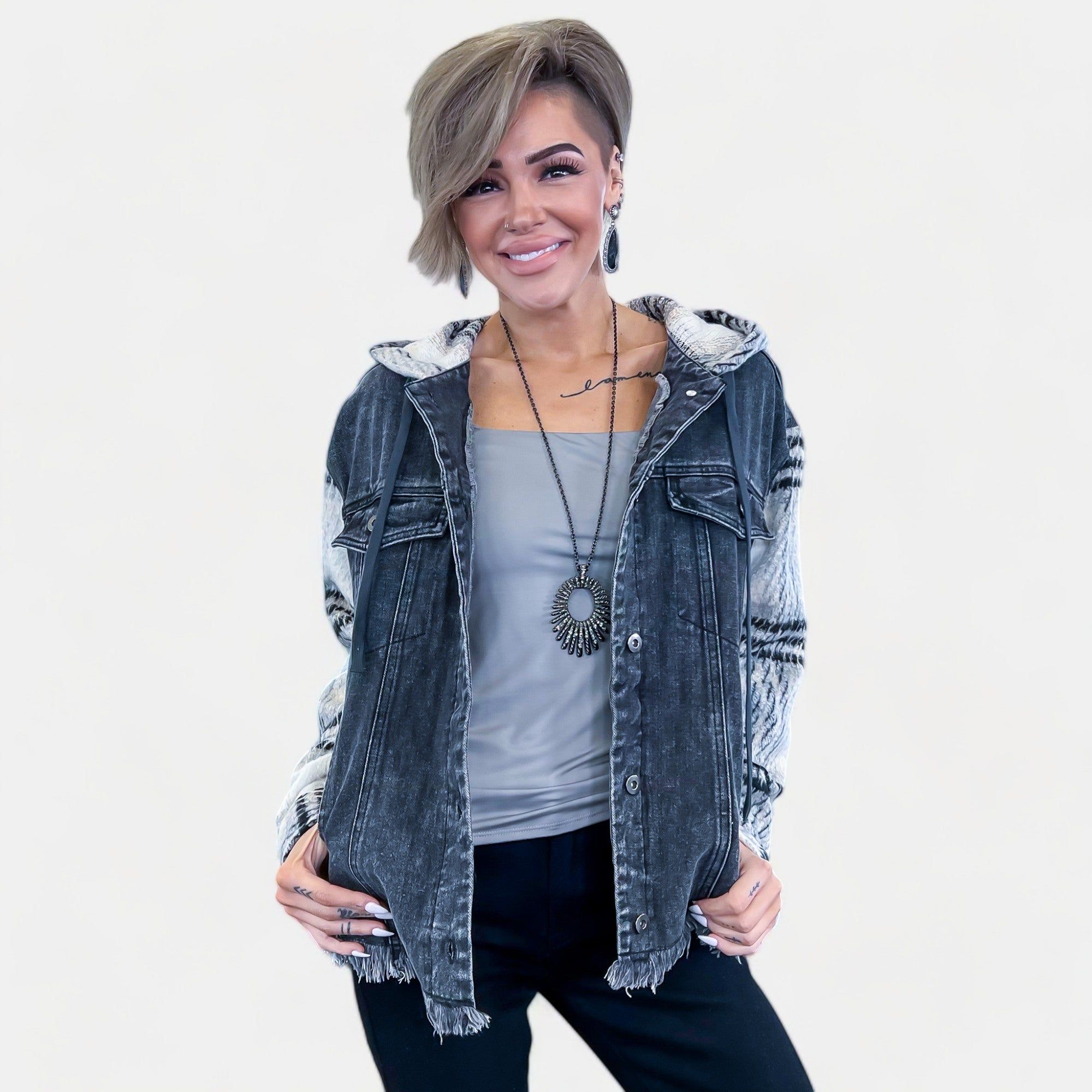 Black Flannel Plaid Denim Jacket sold by ZZs