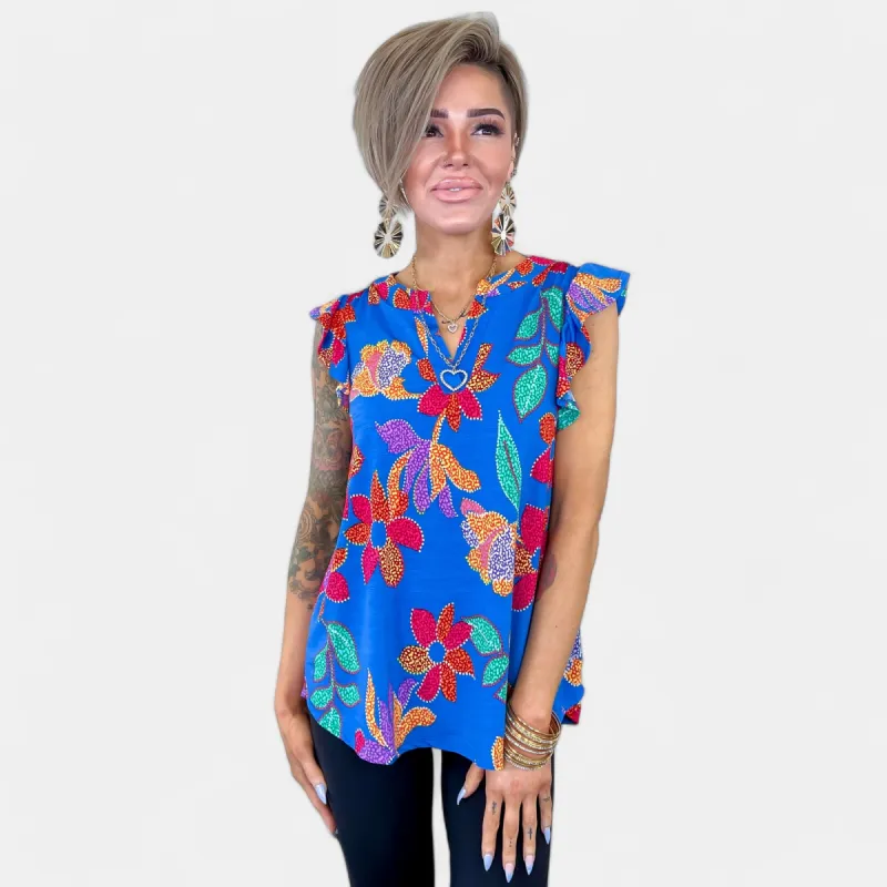 Blue Floral Lizzy Flutter Sleeve Top sold by ZZs
