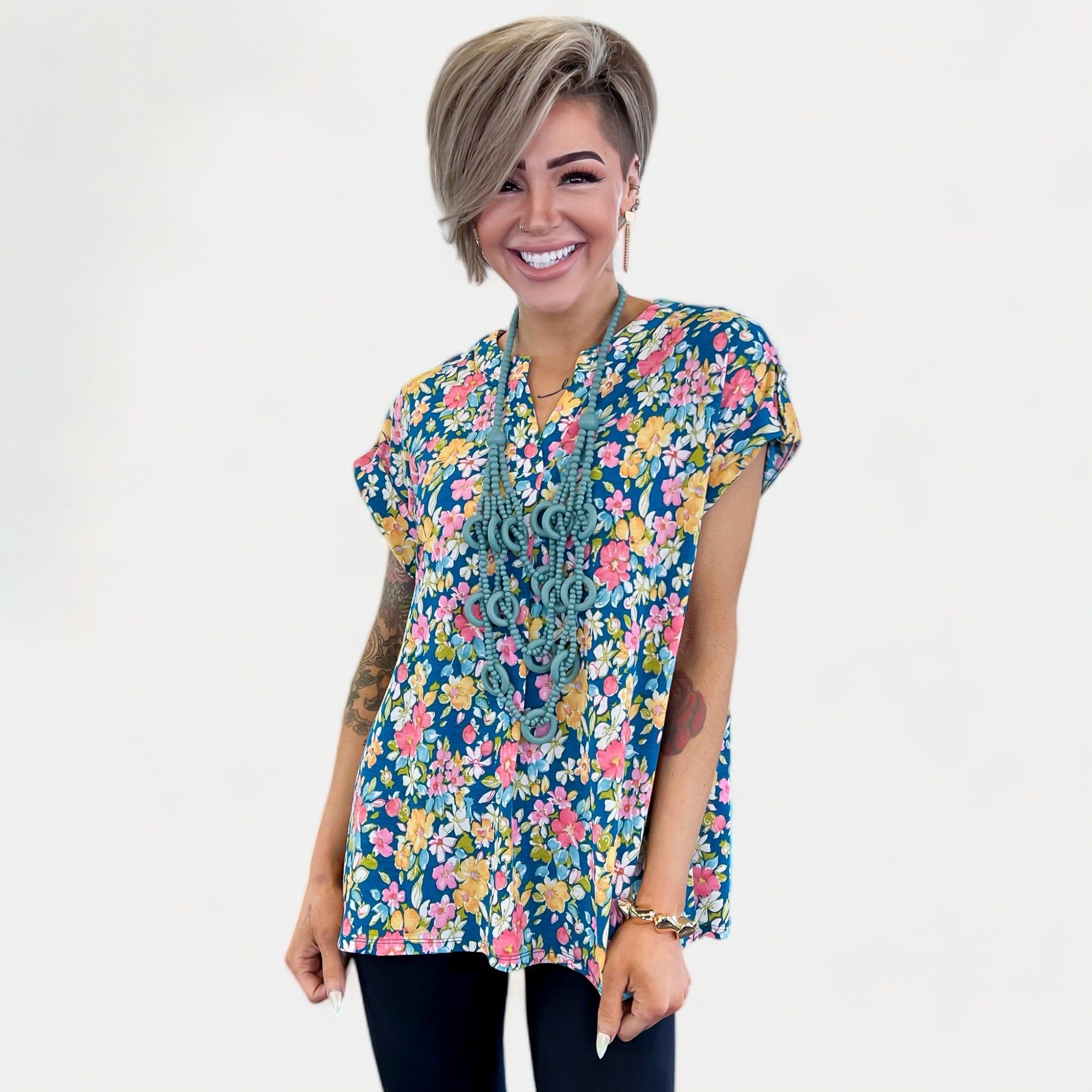 Teal Multi Floral Lizzy Short Sleeve Top sold by ZZs
