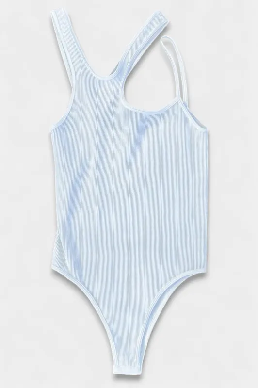White Asymmetric Ribbed Bodysuit sold by ZZs