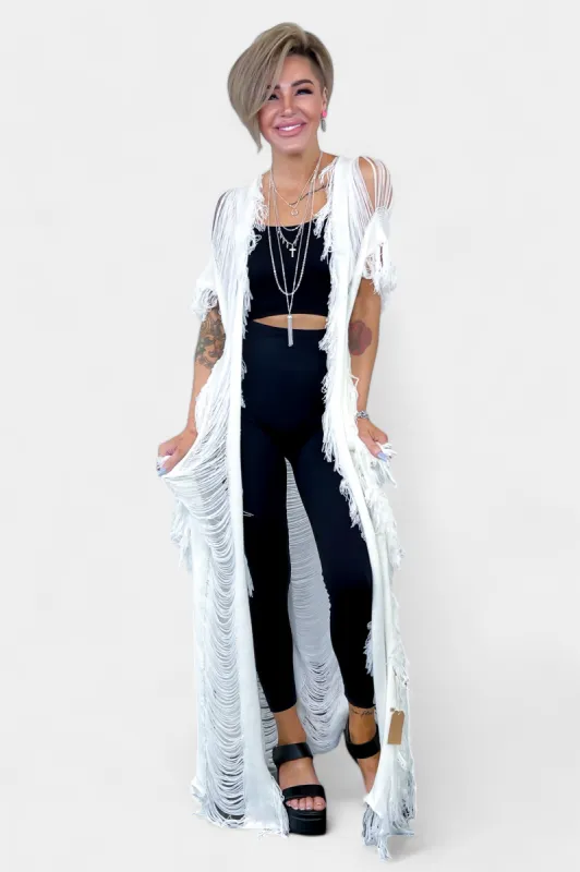 White Hollow Fringe Cardigan sold by ZZs
