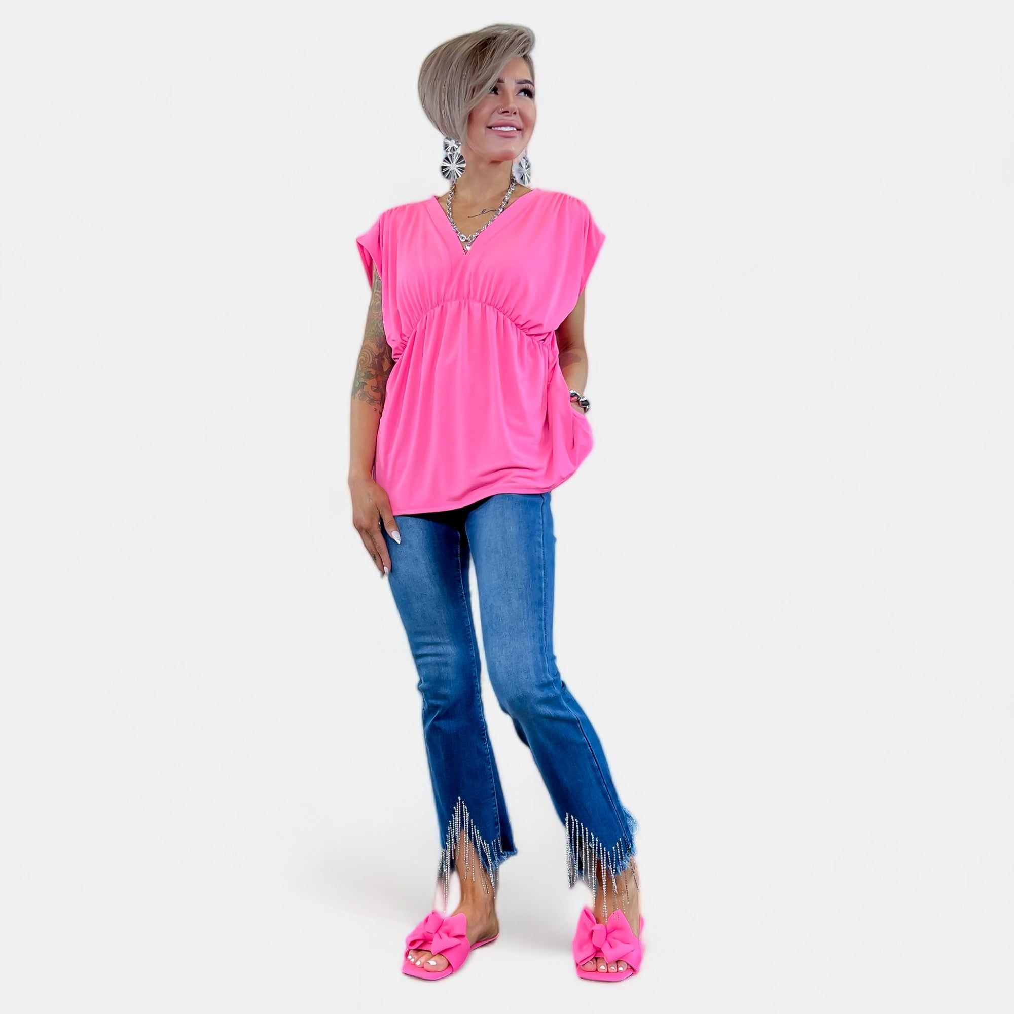 Neon Pink V Neck Babydoll Top sold by ZZs
