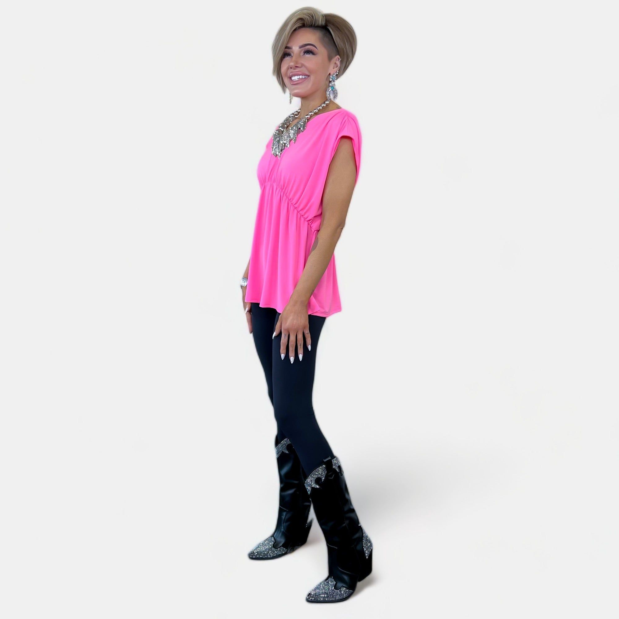 Neon Pink V Neck Babydoll Top sold by ZZs product image thumbnail 4