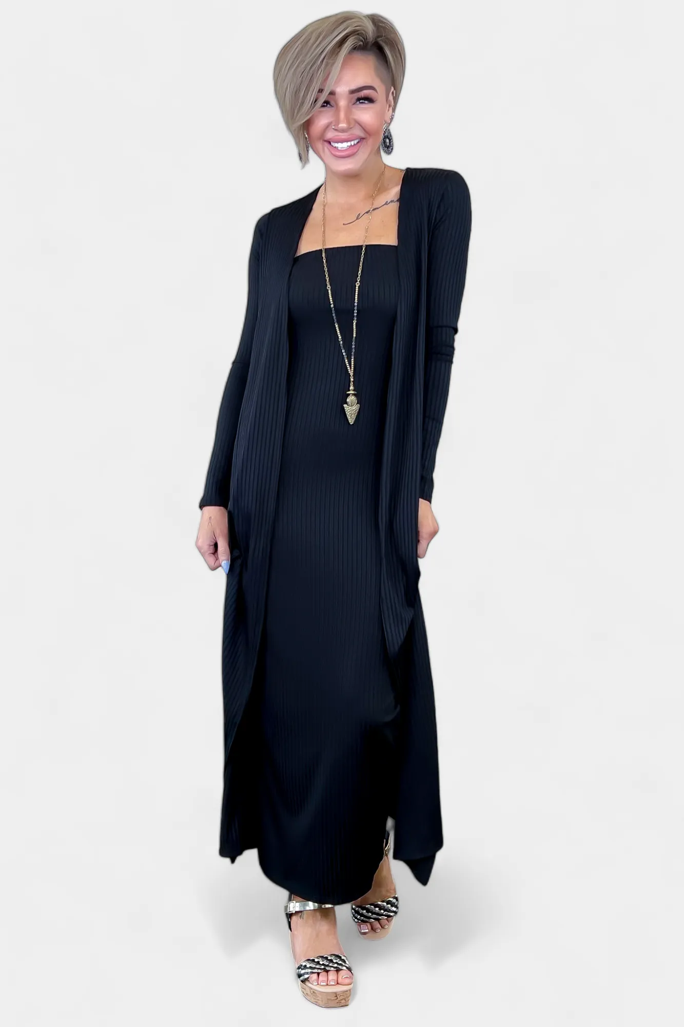 Black Two Piece Dress & Cardigan Set sold by ZZs