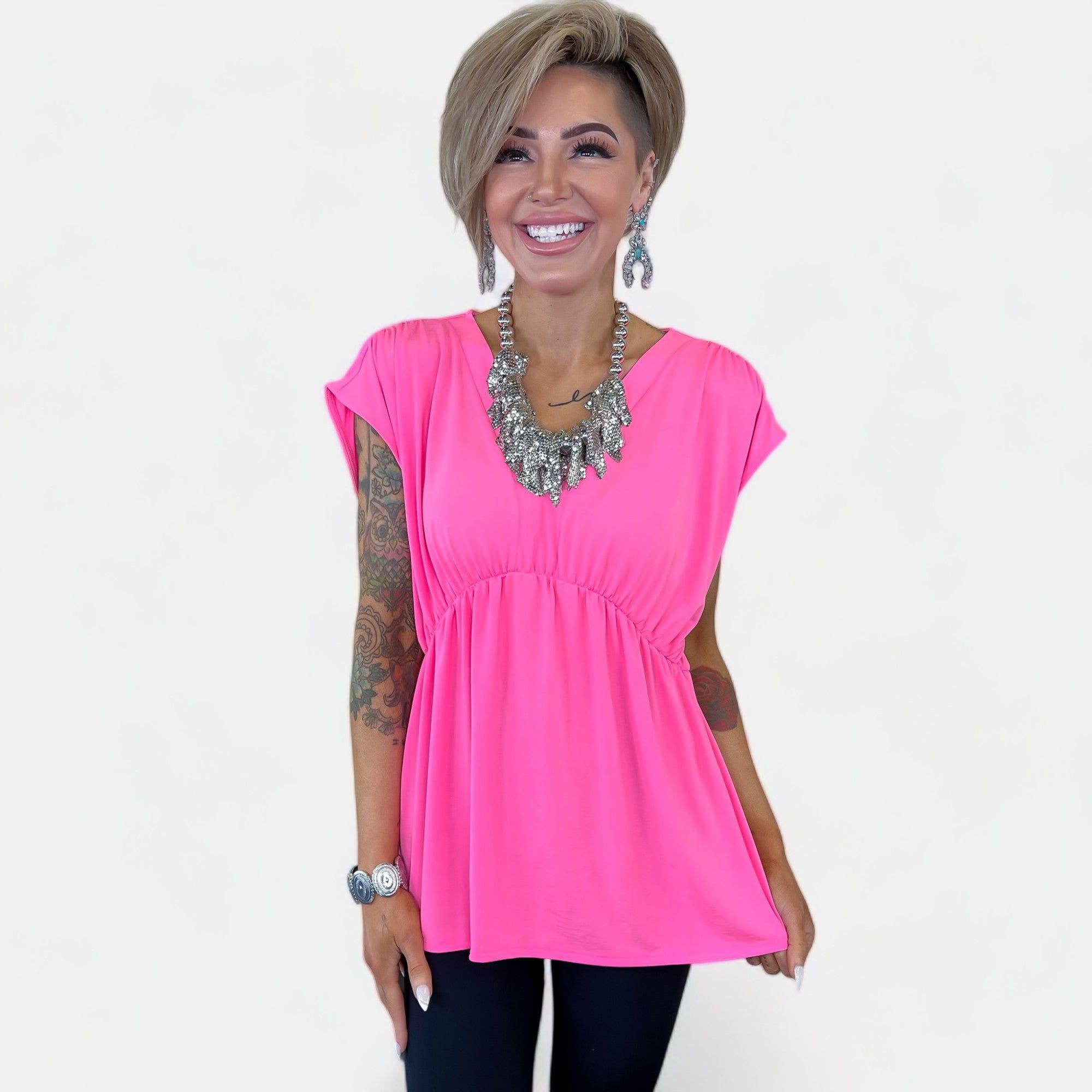Neon Pink V Neck Babydoll Top sold by ZZs product image thumbnail 3
