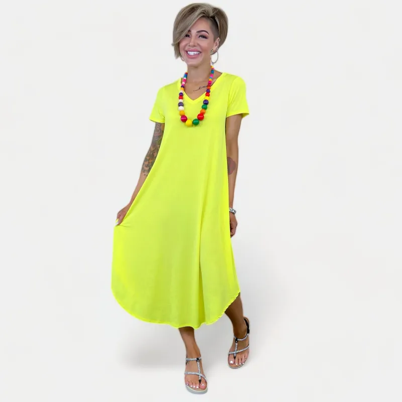 Neon Yellow V Neck Midi Dress sold by ZZs