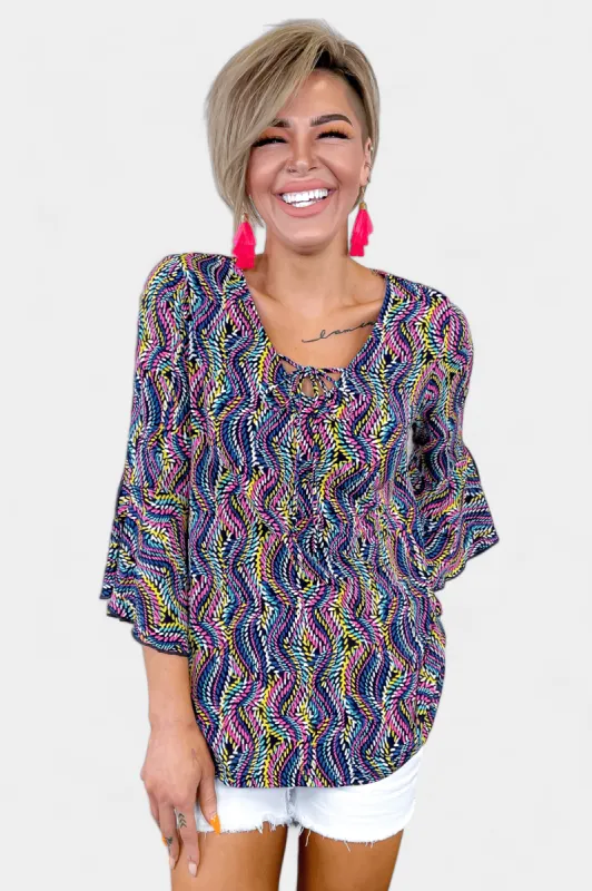 Navy Abstract Bell Sleeve Top sold by ZZs